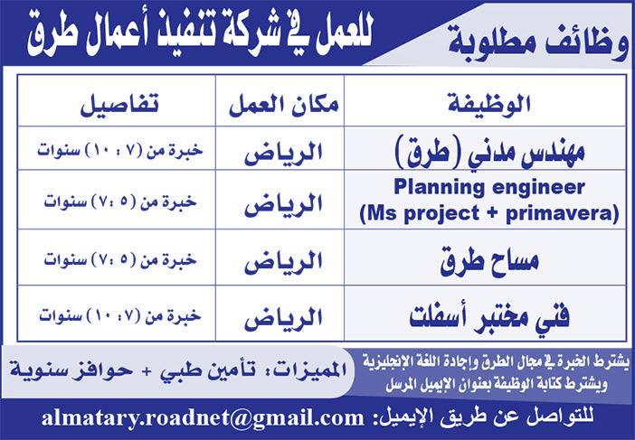 وظائف مطلوبة للعمل فى شركة تنفيذ أعمال طرق 