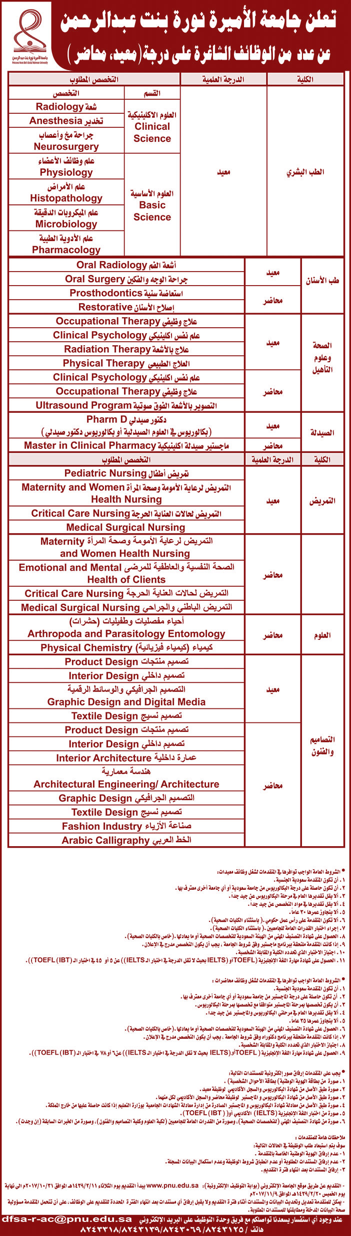 تعلن جامعة الأميرة نورة بنت عبدالرحمن عن عدد من الوظائف الشاغرة على درجة معيد - محاضر 