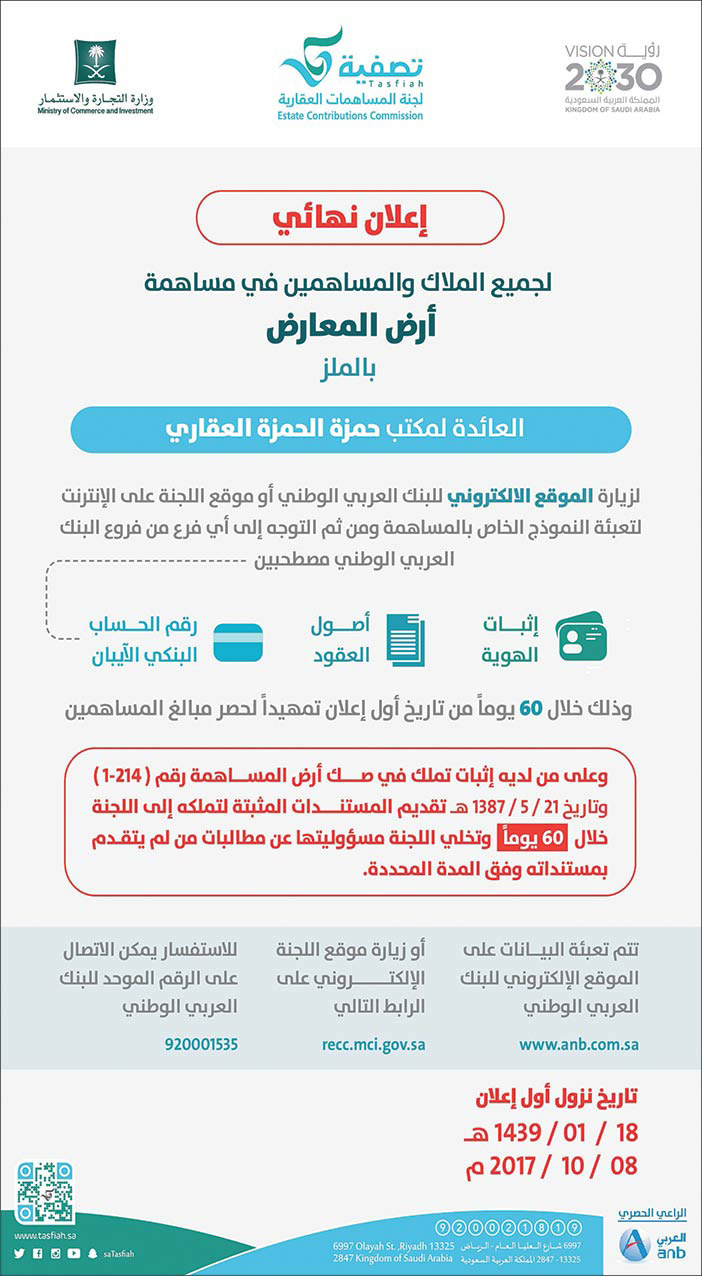 إعلان نهائي لجميع الملاك والمساهمين فى مساهمة أرض المعارض بالملز 