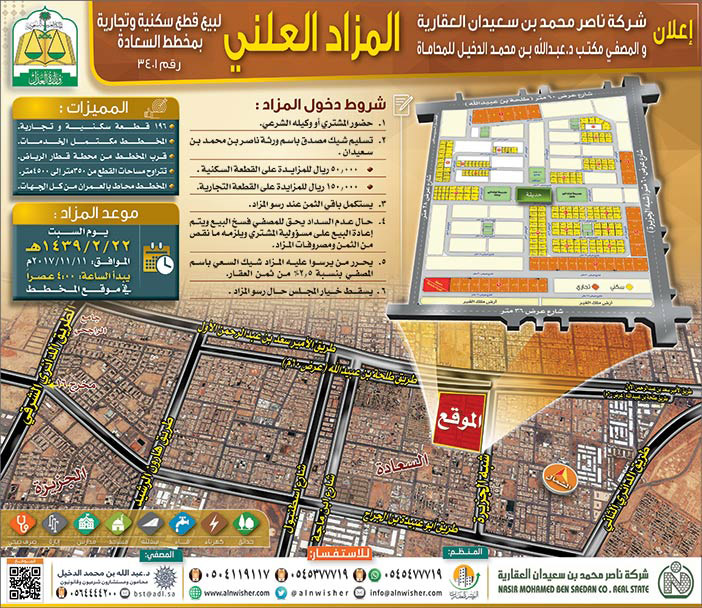 شركة ناصر محمد بن سعيدان العقارية عن المزاد العلني لبيع قطع سكنية وتجارية بمخطط السعادة 