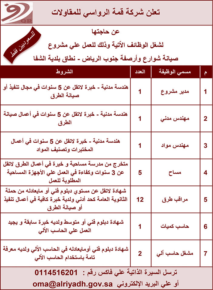 تعلن شركة قمة الرواسي للمقاولات عن حاجتها لشغل الوظائف الآتية وذلك للعمل على مشروع صيانة شوارع وأرصفة جنوب الرياض 