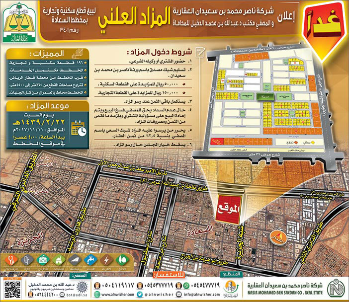 المزاد العلني لبيع قطع سكنية وتجارية بمخطط السعادة 