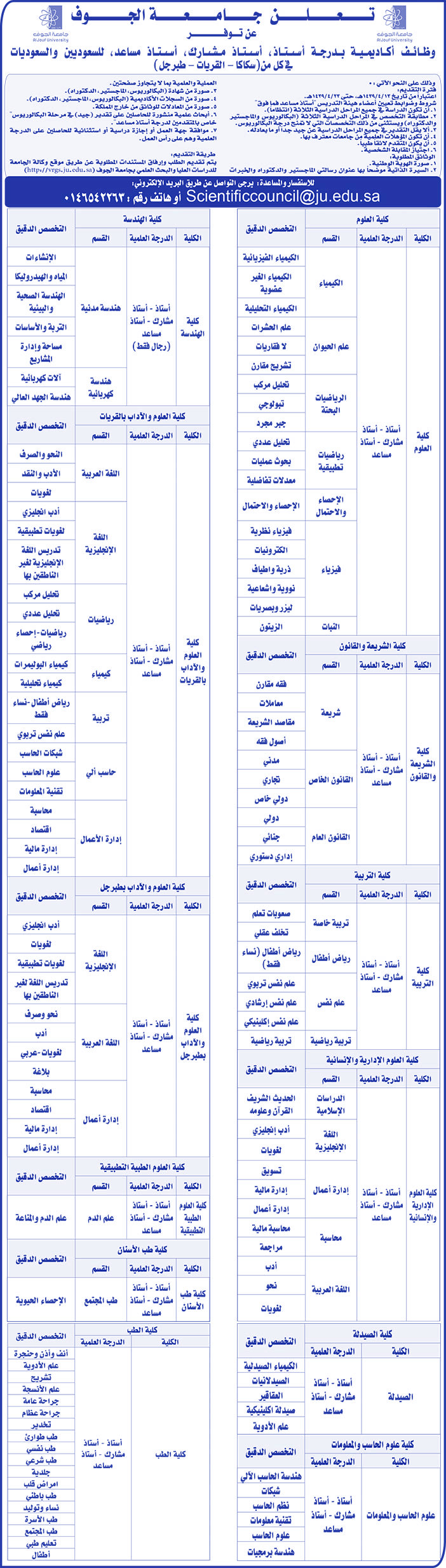 تعلن جامعة الجوف عن توفر وظائف أكاديمية 