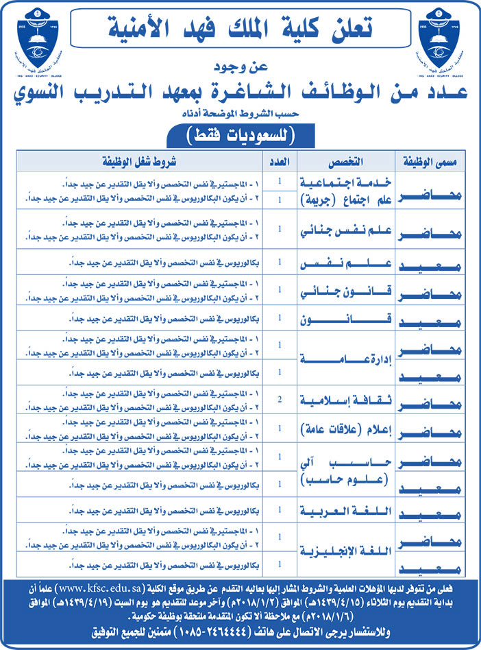 تعلن كلية الملك فهد الأمنية عن وجود عدد من الوظائف الشاغرة 