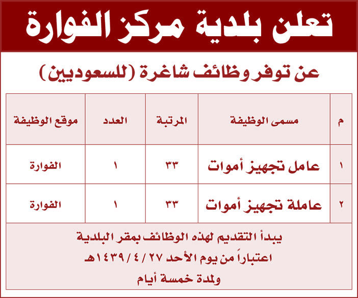 تعلن بلدية مركز الفوارة عن توقر وظائف شاغرة 