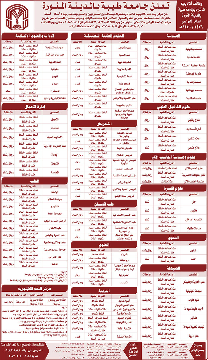 تعلن جامعة طيبة بالمدينة المنورة عن توافر وظائف أكاديمية 