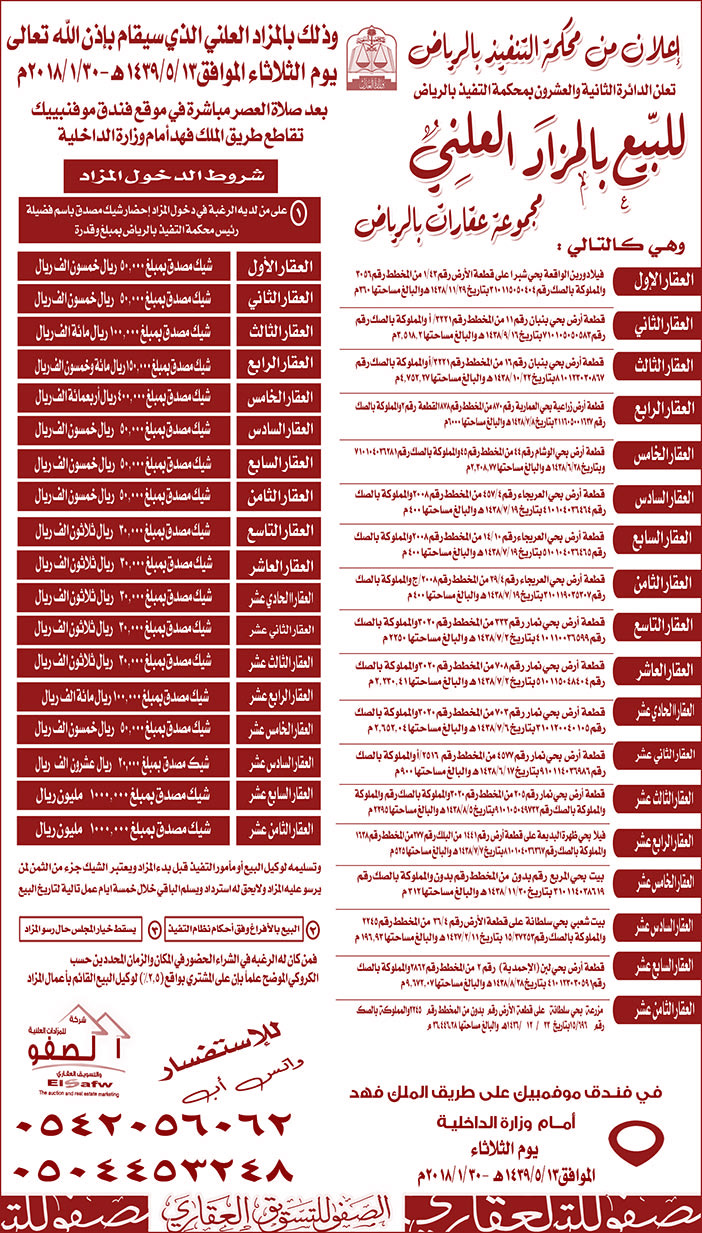 للبيع بالمزاد العلني مجموعة عقارات بالرياض 