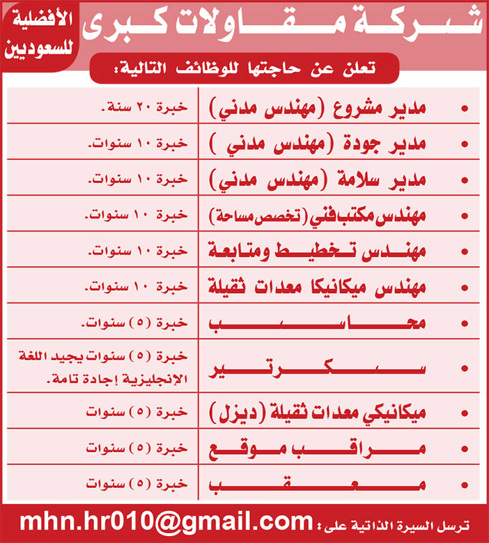 شركة مقاولات كبرى تعلن عن حاجتها للوظائف التالية 