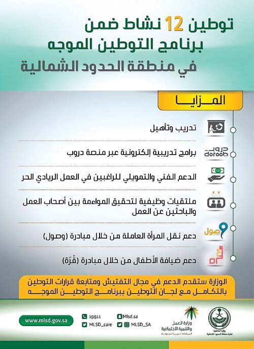 «العمل»: برامج تدريبية وتأهيلية لدعم توطين 12 نشاطاً في الحدود الشمالية 