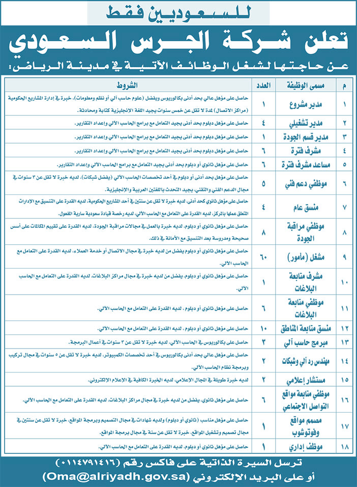 للسعوديين فقط تعلن شركة الجرس السعودي عن حاجتها لشغل الوظائف الأتية فى مدينة الرياض 