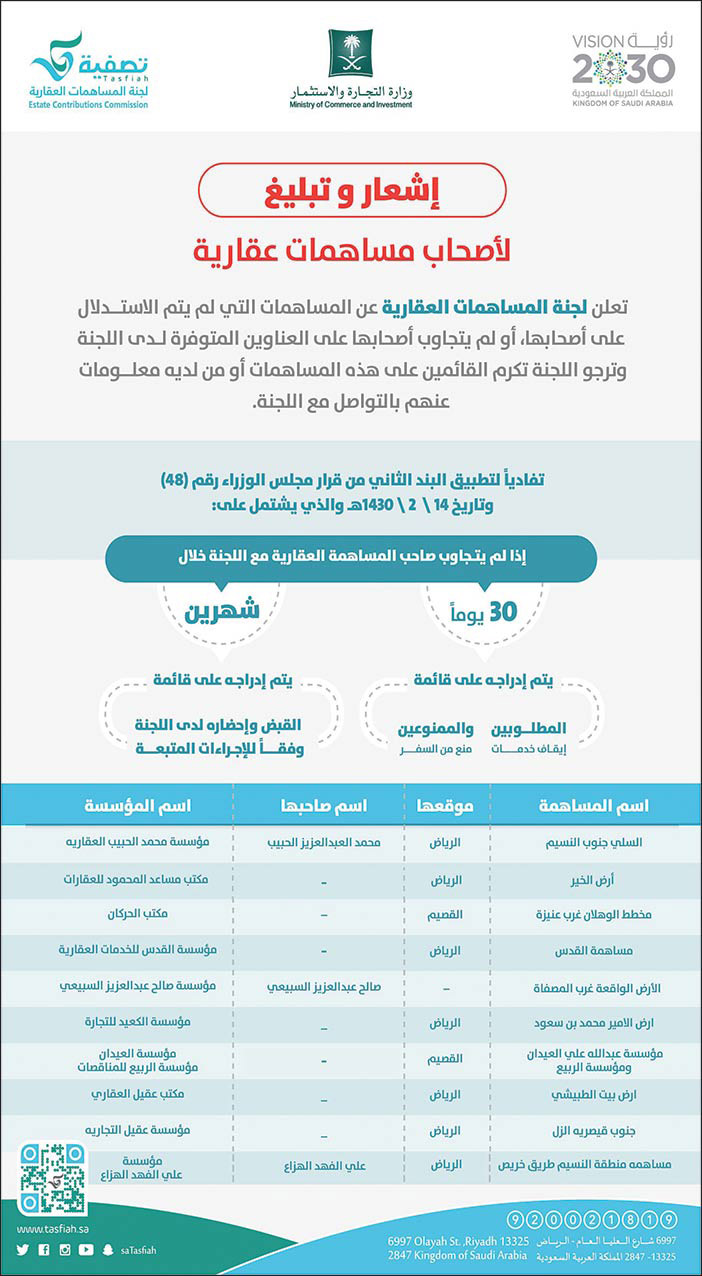 أشعار وتبليغ من وزارة التجارة والاستثمار لأصحاب مساهمات عقارية 