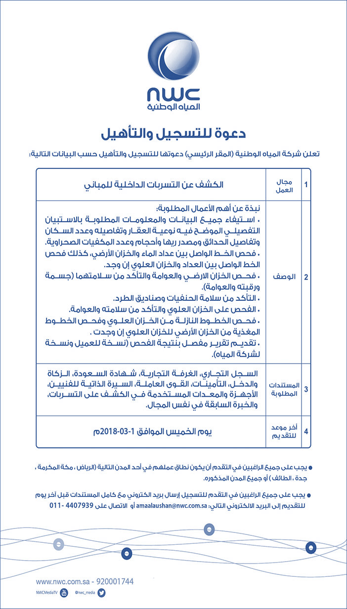 شركة المياه الوطنية تعلن عن دعوة للتسجيل والتأهيل 