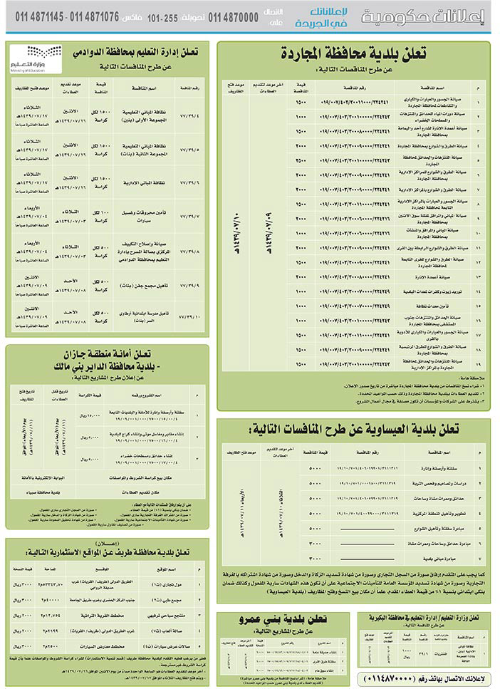 مناقصات حكومية (بناء - استئجار - هدم - نقل - صيانة - تشغيل - شراء – بيع) 