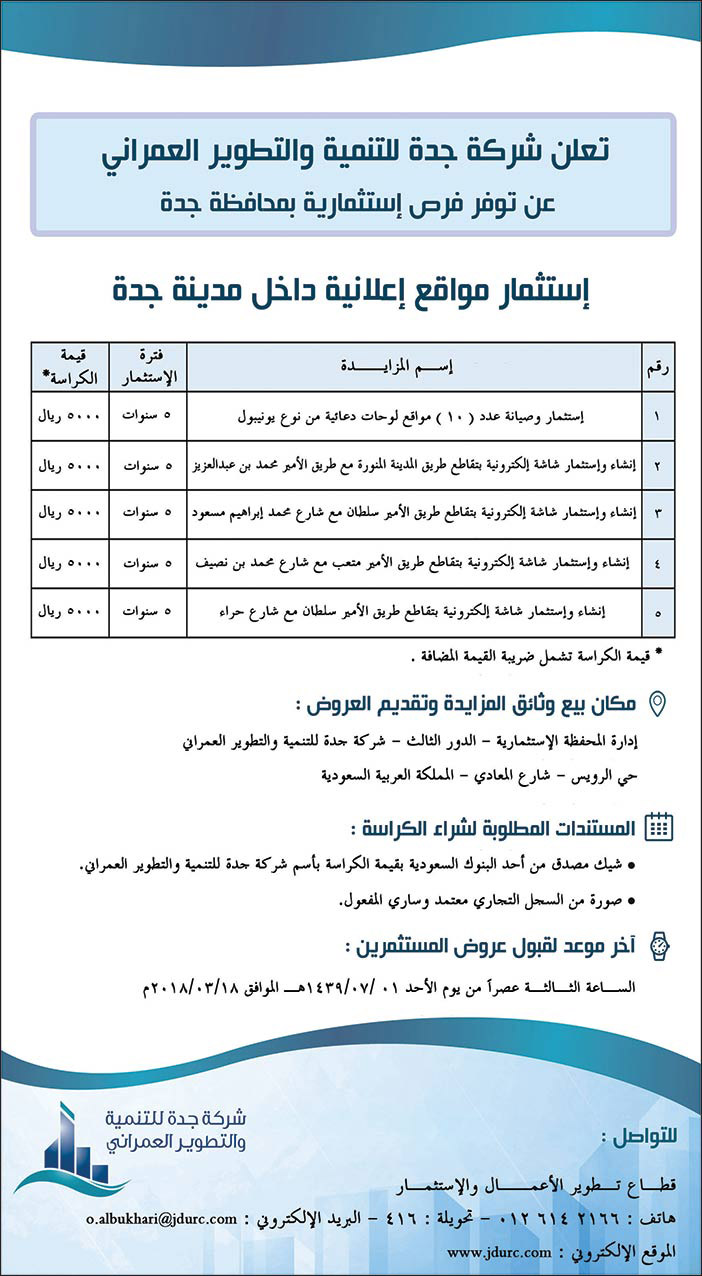 تعلن شركة جدة للتنمية والتطوير العمراني عن توفر فرص إستثمارية بمحافظة جدة 