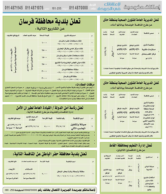 مناقصات حكومية (بناء - استئجار - هدم - نقل - صيانة - تشغيل - شراء – بيع) 