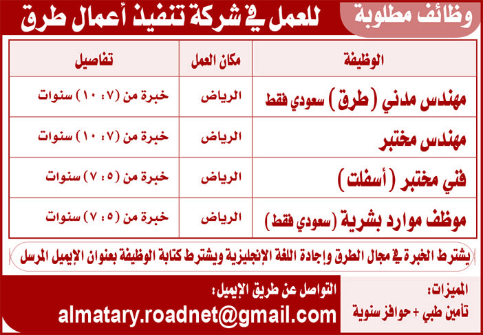 وظائف مطلوبة للعمل فى شركة تنفيذ أعمال طرق 