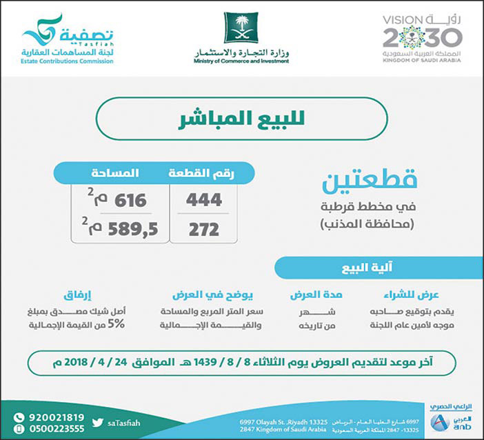 اعلان للبيع المباشر قطعتين فى مخطط قرطبة 