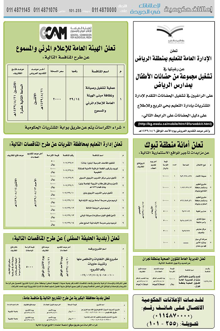 مناقصات حكومية (بناء - استئجار - هدم - نقل - صيانة - تشغيل - شراء – بيع) 