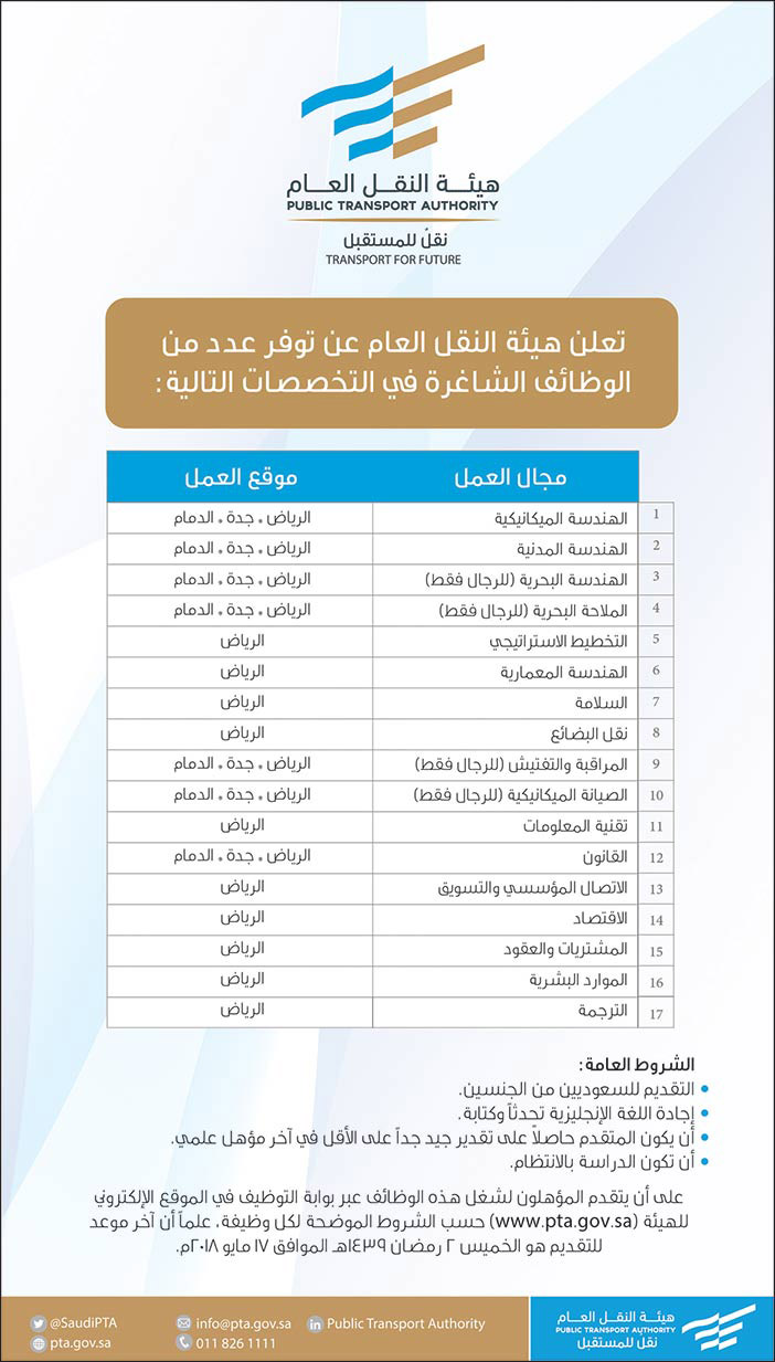 تعلن هيئة النقل العام عن توفر عدد من الوظائف الشاغرة 