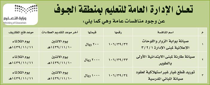 مناقصات حكومية (بناء - استئجار - هدم - نقل - صيانة - تشغيل - شراء – بيع) 