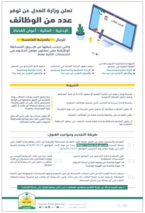 العدل تعلن عن وظائف إدارية ومالية وأعوان قضاة 