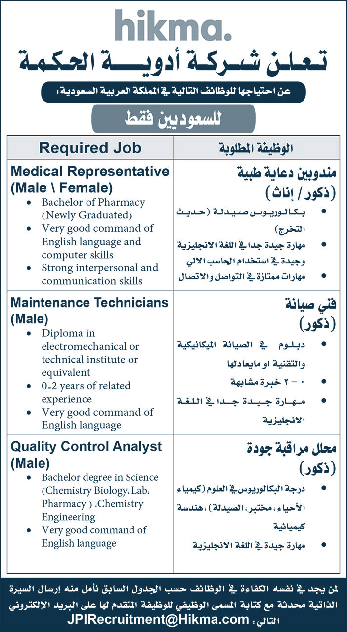 تعلن شركة أدوية الحكمة عن احتياجها للوظائف التالية 