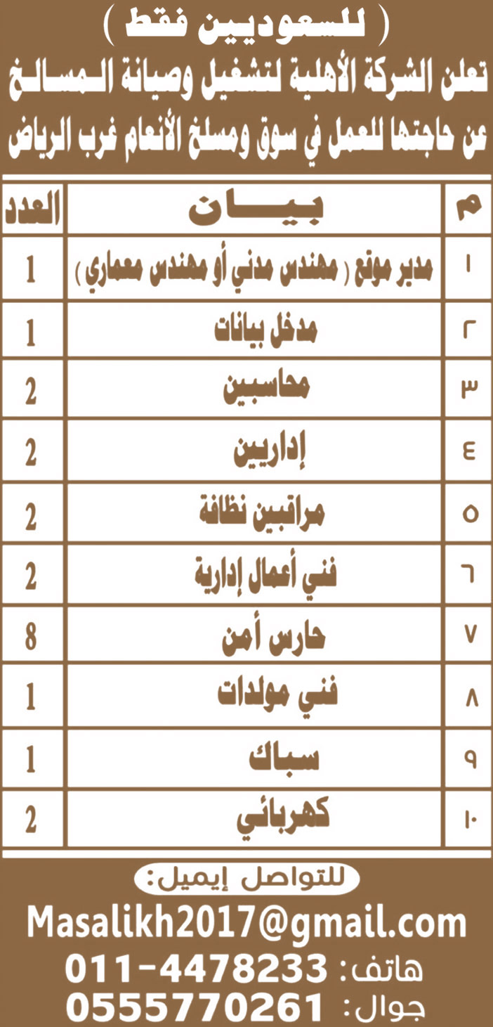 تعلن الشركة الأهلية لتشغيل وصيانة المسالخ عن حاجتها للعمل فى سوق ومسلخ الأنعام غرب الرياض 