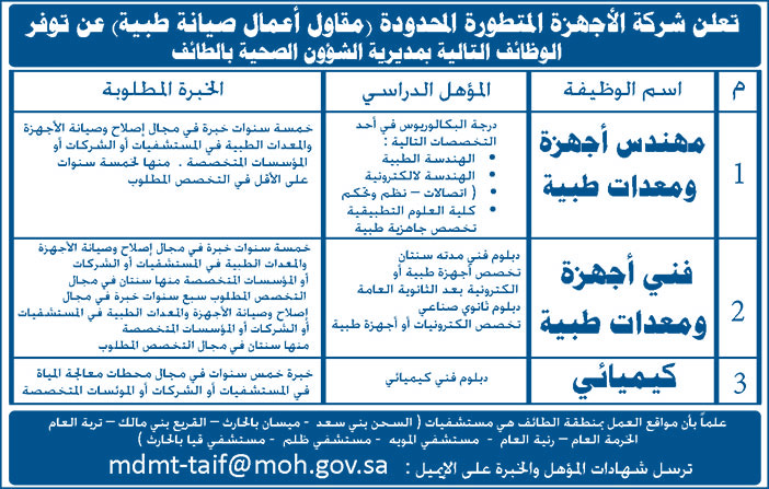 تعلن شركة الأجهزة المتطورة المحدودة عن توفر الوظائف التالية 