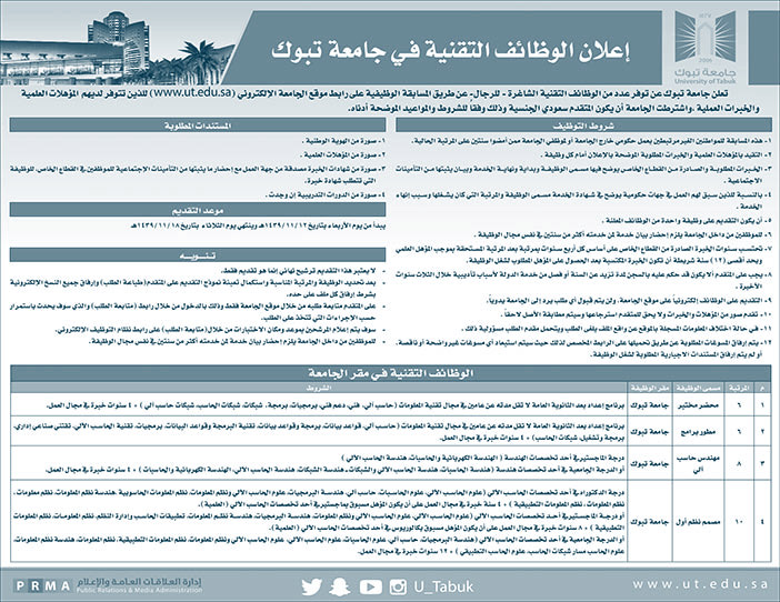 إعلان الوظائف التقنية فى جامعة تبوك 