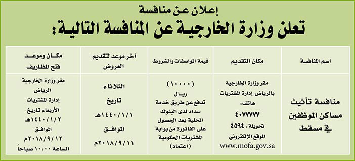 # مناقصات حكومية ( بناء - استئجار - هدم - نقل - صيانة - تشغيل - شراء – بيع( 