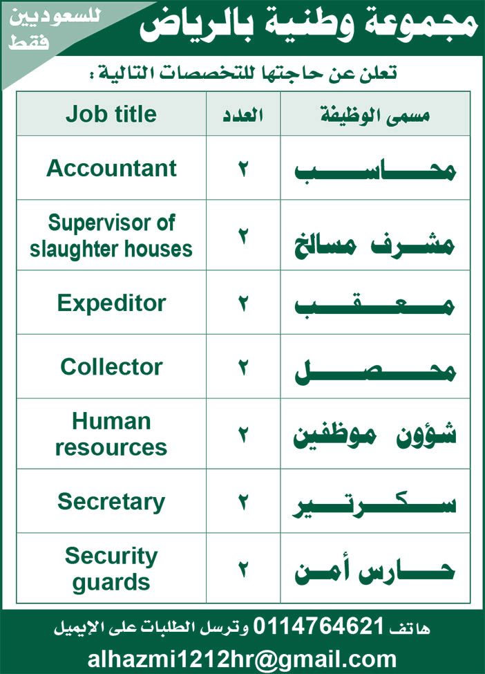 مجموعة وطنية بالرياض تعلن عن حاجتها للتخصصات التالية 