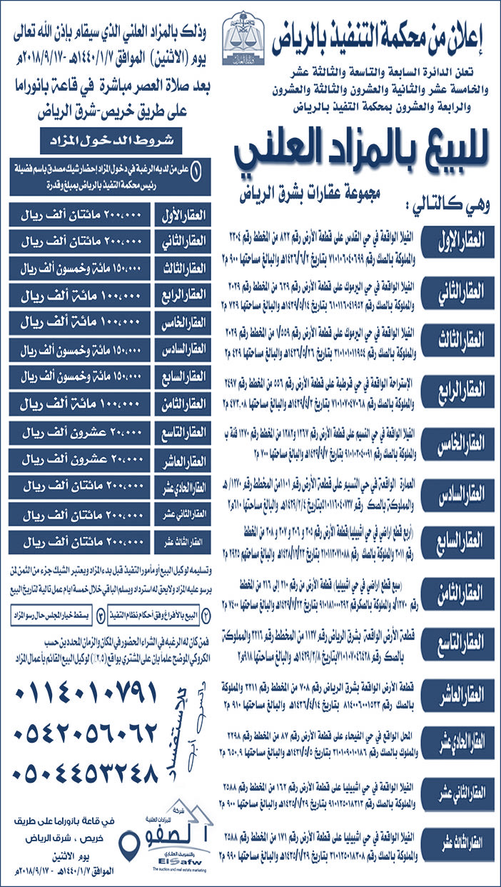 إعلان من محمكمة التنفيذ بالرياض للبيع بالمزاد العلني العقارات التالية بالرياض 