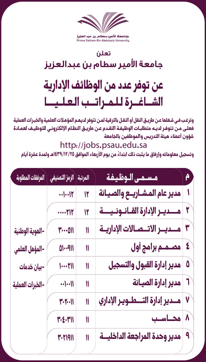 تعلن جامعة سطام بن عبدالعزيز عن توفر عدد من الوظائف الإدارية الشاغرة للمراتب العليا 