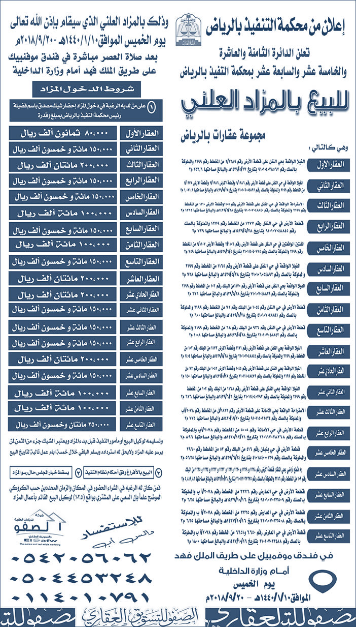 للبيع بالمزاد العلني مجموعة عقارات بالرياض 