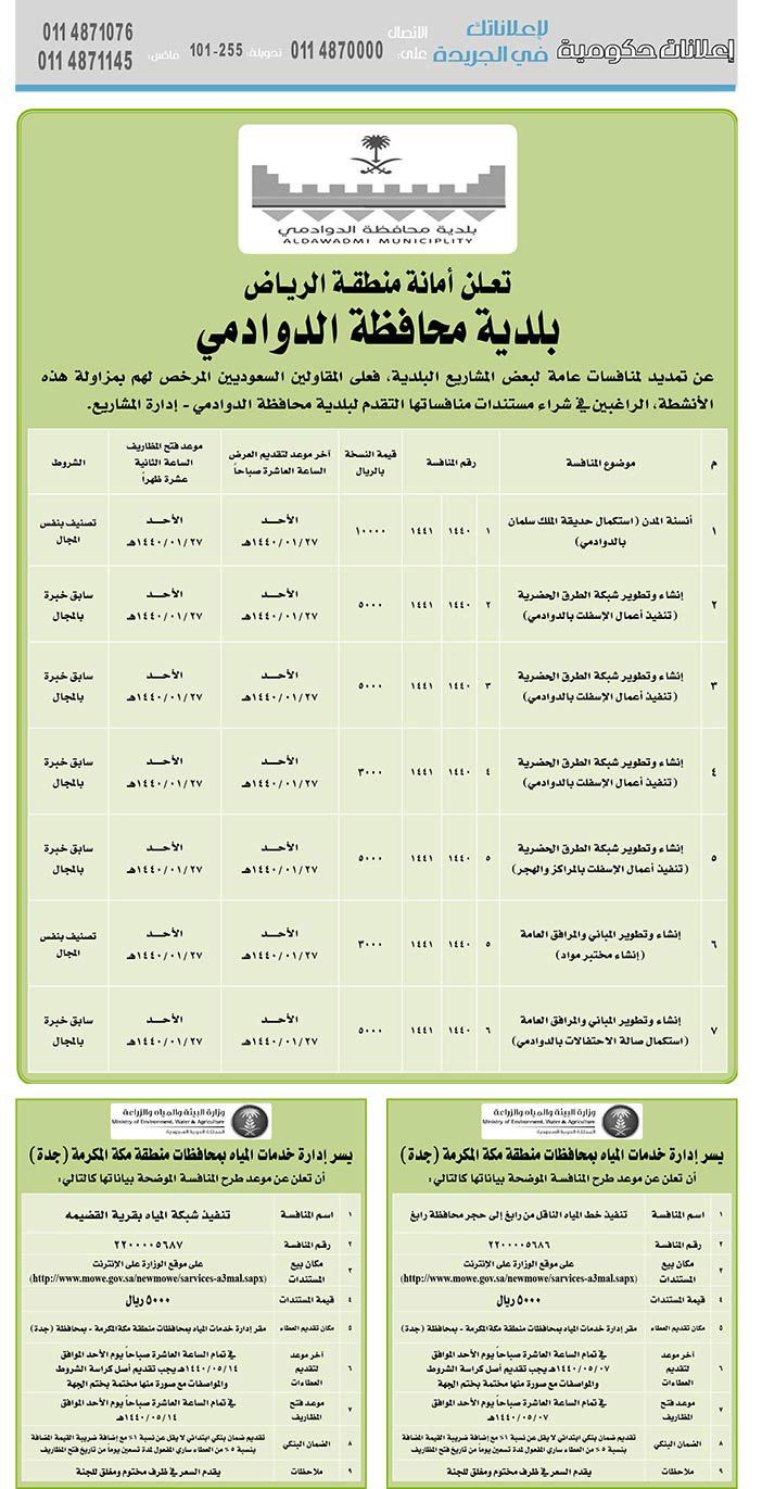 مناقصات حكومية (بناء - استئجار - هدم - نقل - صيانة - تشغيل - شراء – بيع) 