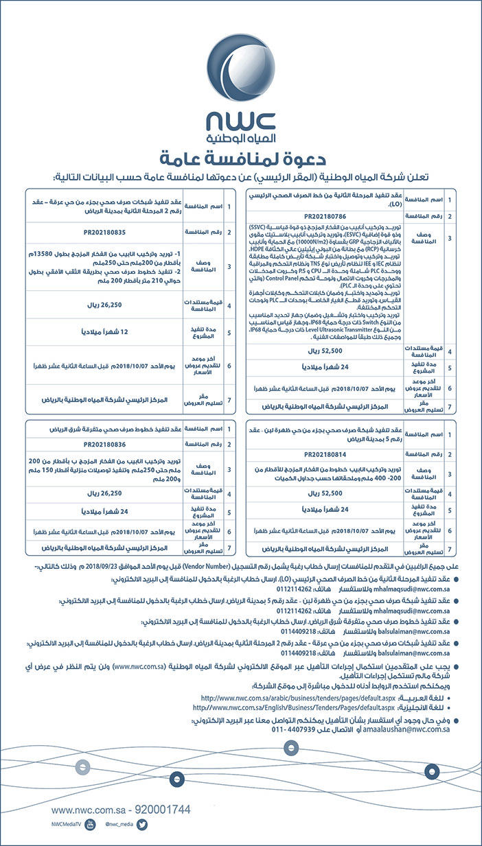 دعوة لمنافسة عامة شركة المياه الوطنية 