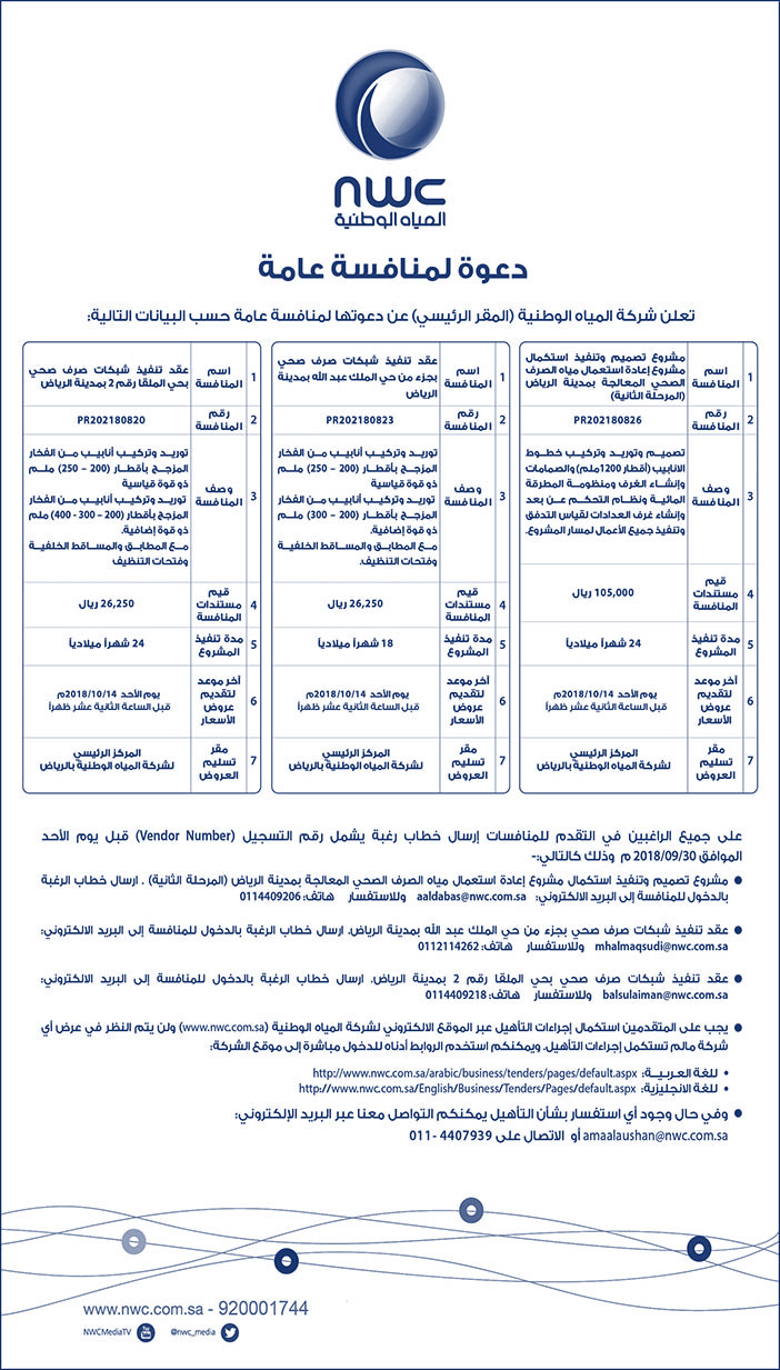 دعوة لمنافسة عامة من المياه الوطنية 