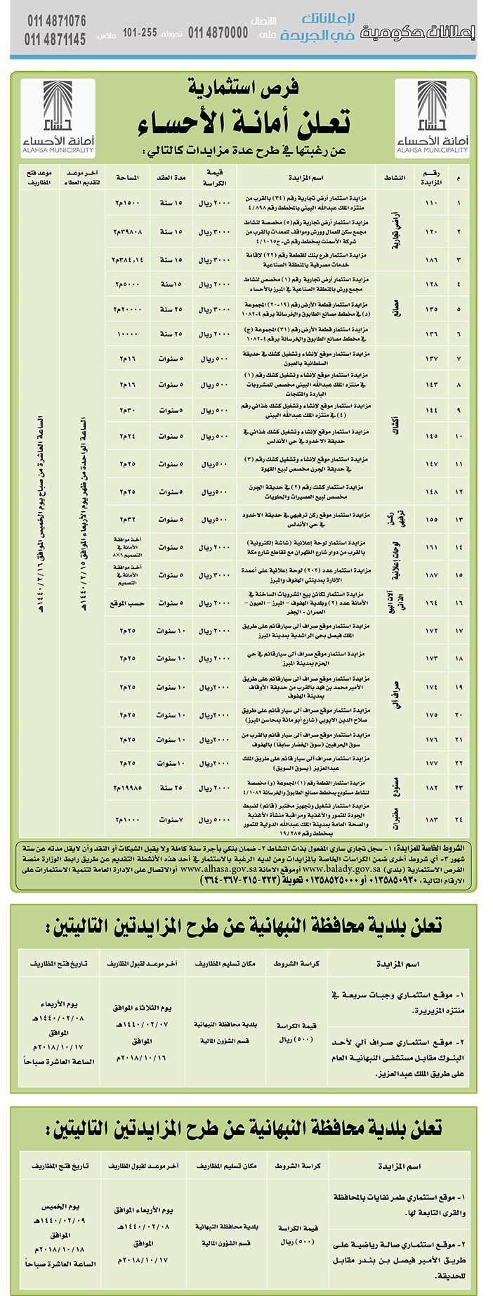 مناقصات حكومية (بناء - استئجار - هدم - نقل - صيانة - تشغيل - شراء – بيع) 