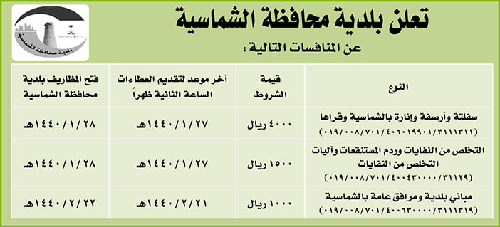 # مناقصات حكومية ( بناء - استئجار - هدم - نقل - صيانة - تشغيل - شراء – بيع( 