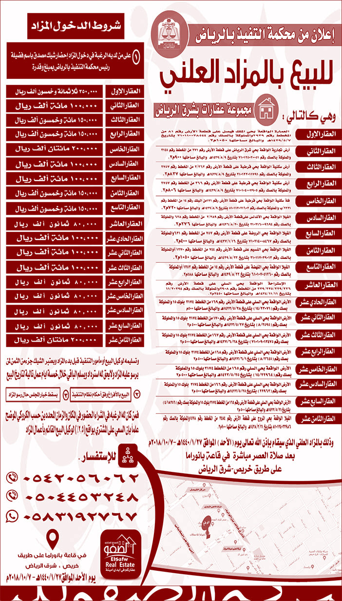 للبيع بالمزاد العلني مجموعة عقارات بشرق الرياض 