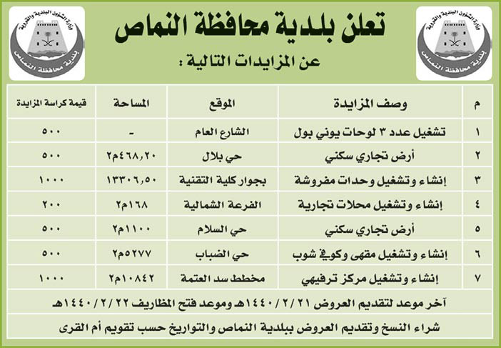 مناقصات حكومية (بناء - استئجار - هدم - نقل - صيانة - تشغيل - شراء – بيع) 