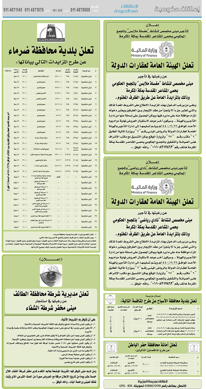 مناقصات حكومية (بناء - استئجار - هدم - نقل - صيانة - تشغيل - شراء – بيع) 