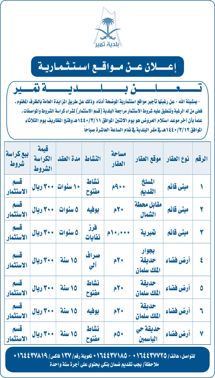 إعلان عن مواقع استثمارية ببلدية تمير 