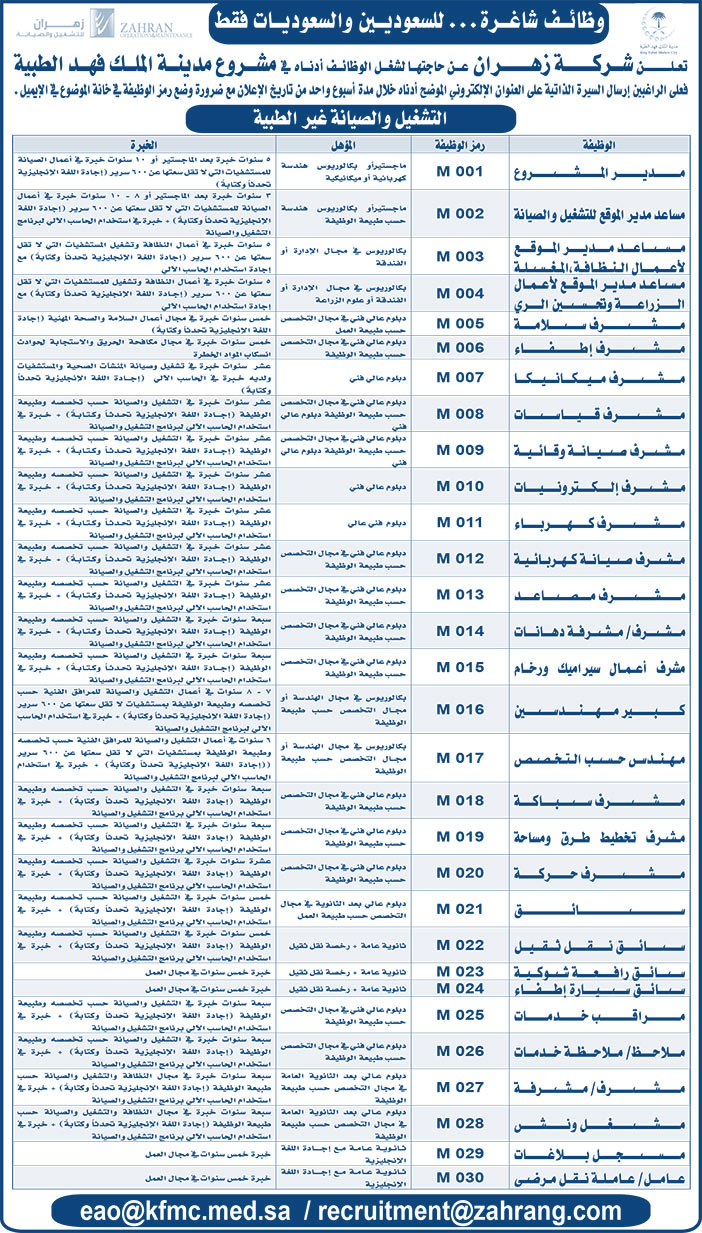 تعلن شركة زهران عن حاجتها للوظائف الأتية 