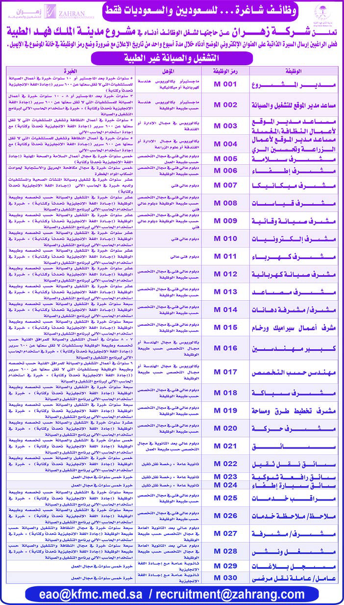 وظائف شاغرة للسعوديين والسعوديات من شركة زهران 