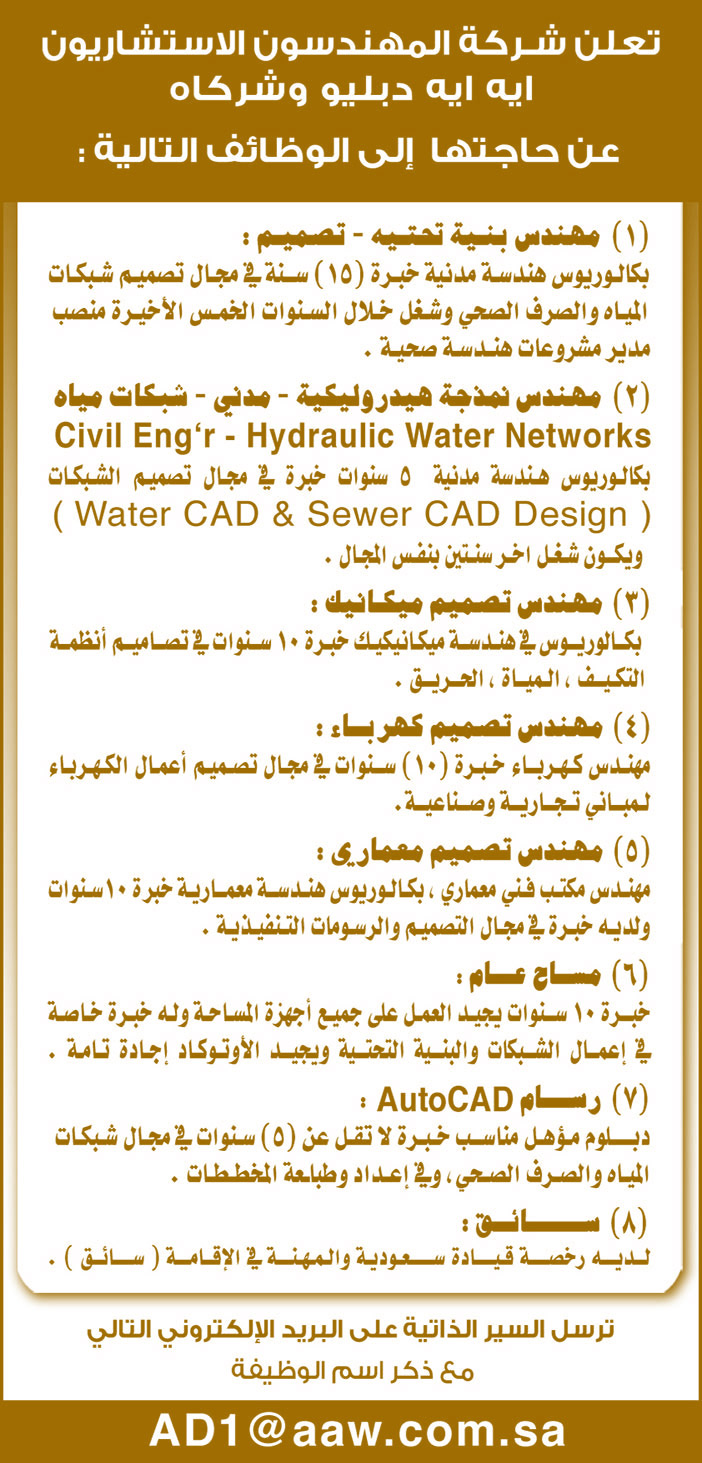 تعلن شركة المهندسون الاستشاريون ايه ايه دبليو وشركاه عن حاجتها إلى الوظائف التالية 