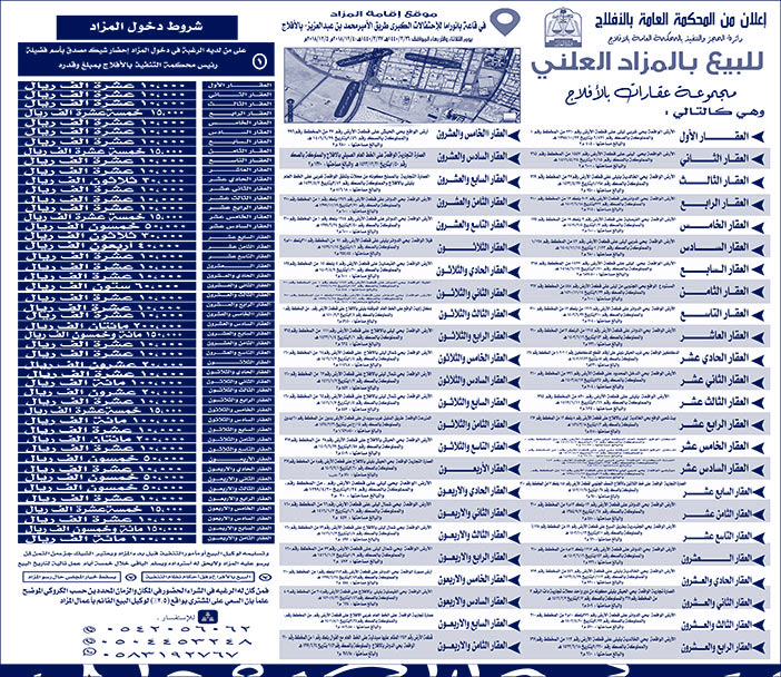 للبيع بالمزاد العلني مجموعة عقارات بالأفلاج 