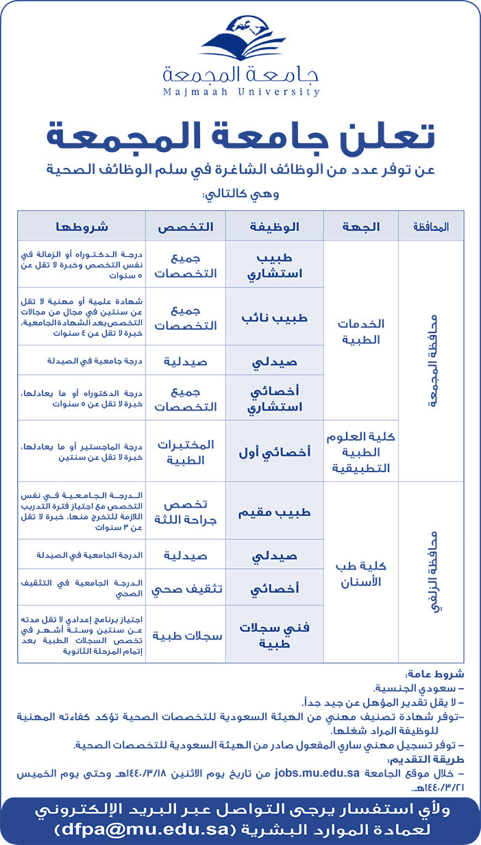 تعلن جامعة المجمعة عن توفر عدد من الوظائف الشاغرة 