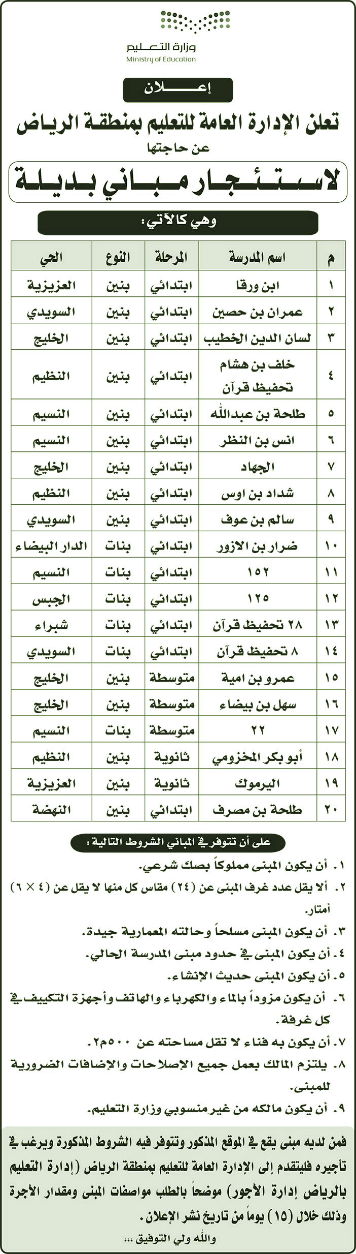 تعلن الإدارة العامة للتعليم بمنطقة الرياض عن حاجتها لاستئجار مباني بديلة 