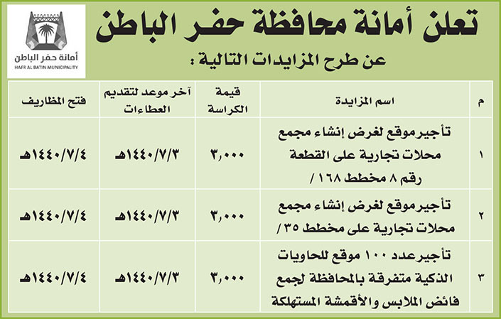 مناقصات حكومية (بناء - استئجار - هدم - نقل - صيانة - تشغيل - شراء – بيع) 